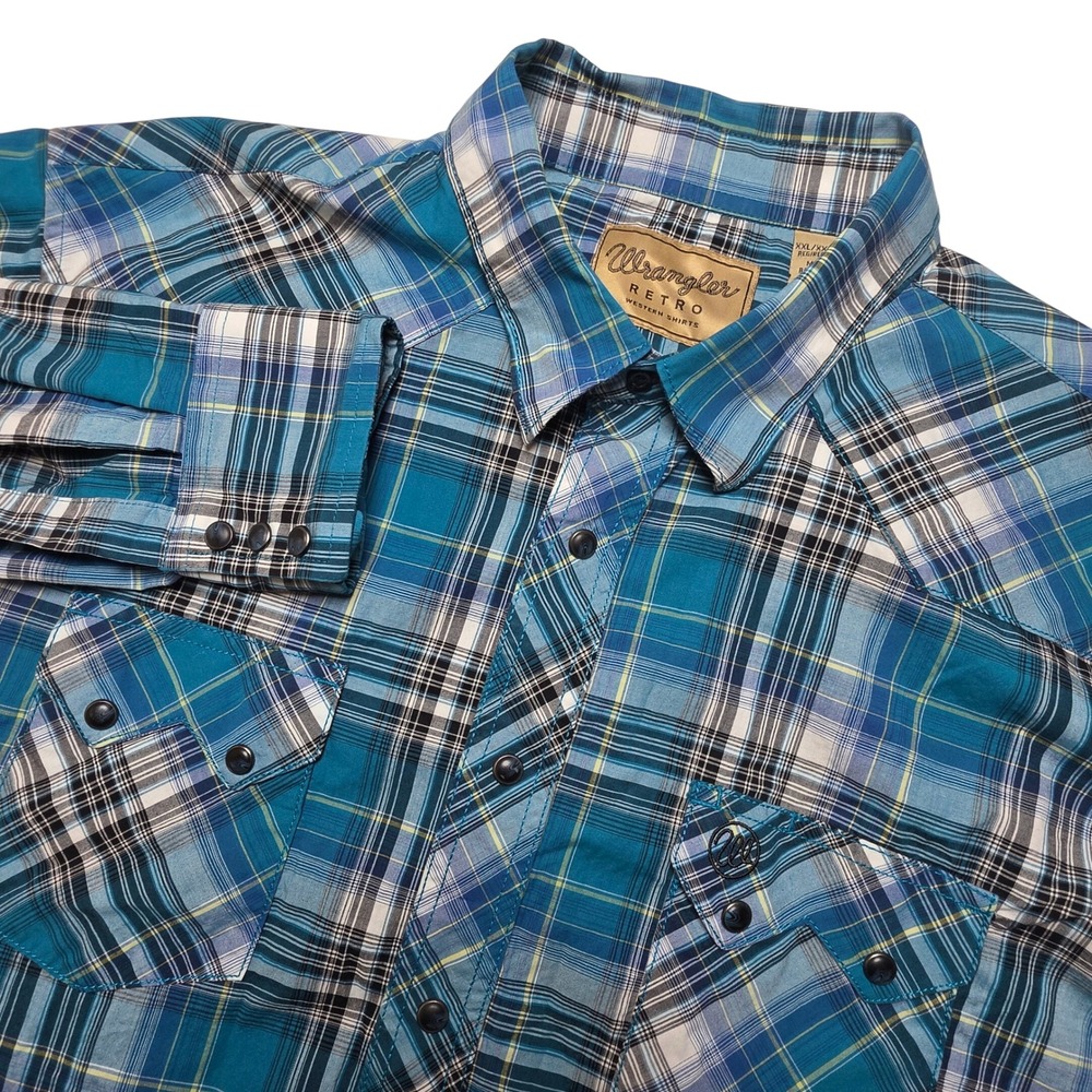 Wrangler Retro Mens Western Shirt XXL Blue Plaid Pearl Snap Cowboy Rodeo